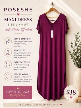 Poseshe Magenta Maxi Dress Size L NWT V-Neck Short Sleeve Lounge Dress